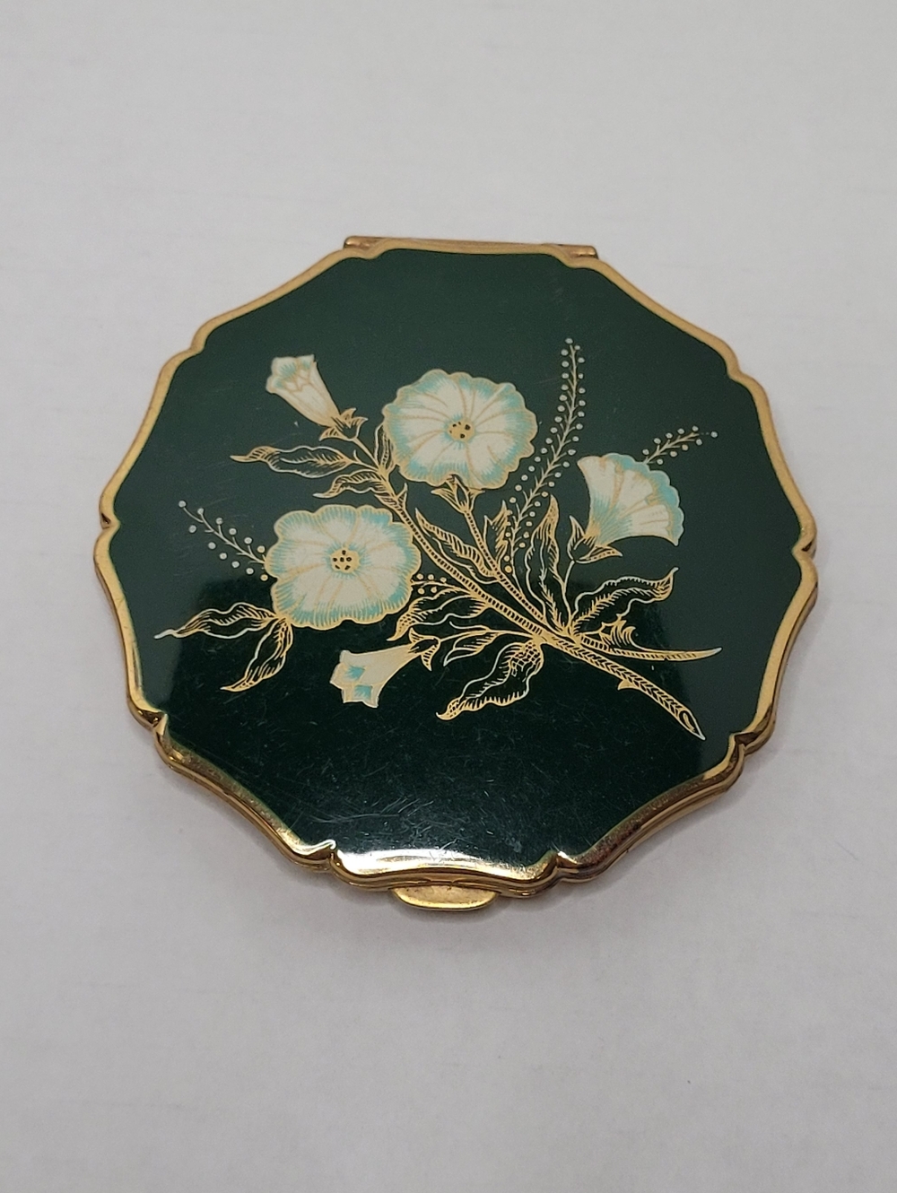 Stratton England Enameled Green White Floral Vintage Loose Powder Mirror Compact